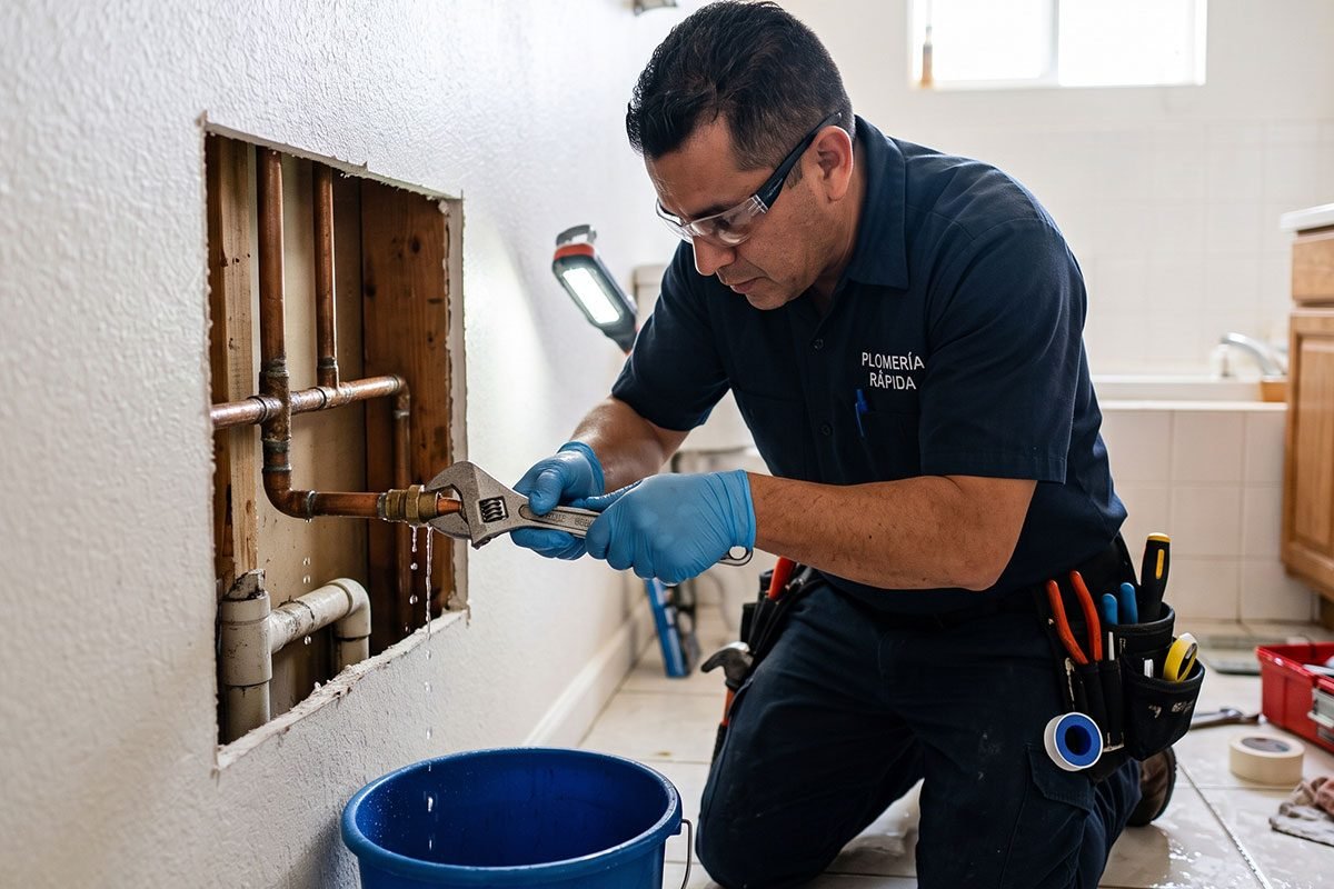 Técnico de Plomeros D1 reparando una fuga de agua en un muro