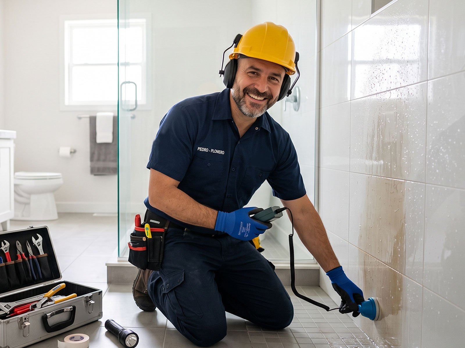 Plomero de Plomeros D1 revisando una filtración en la ducha de un baño en Bogotá