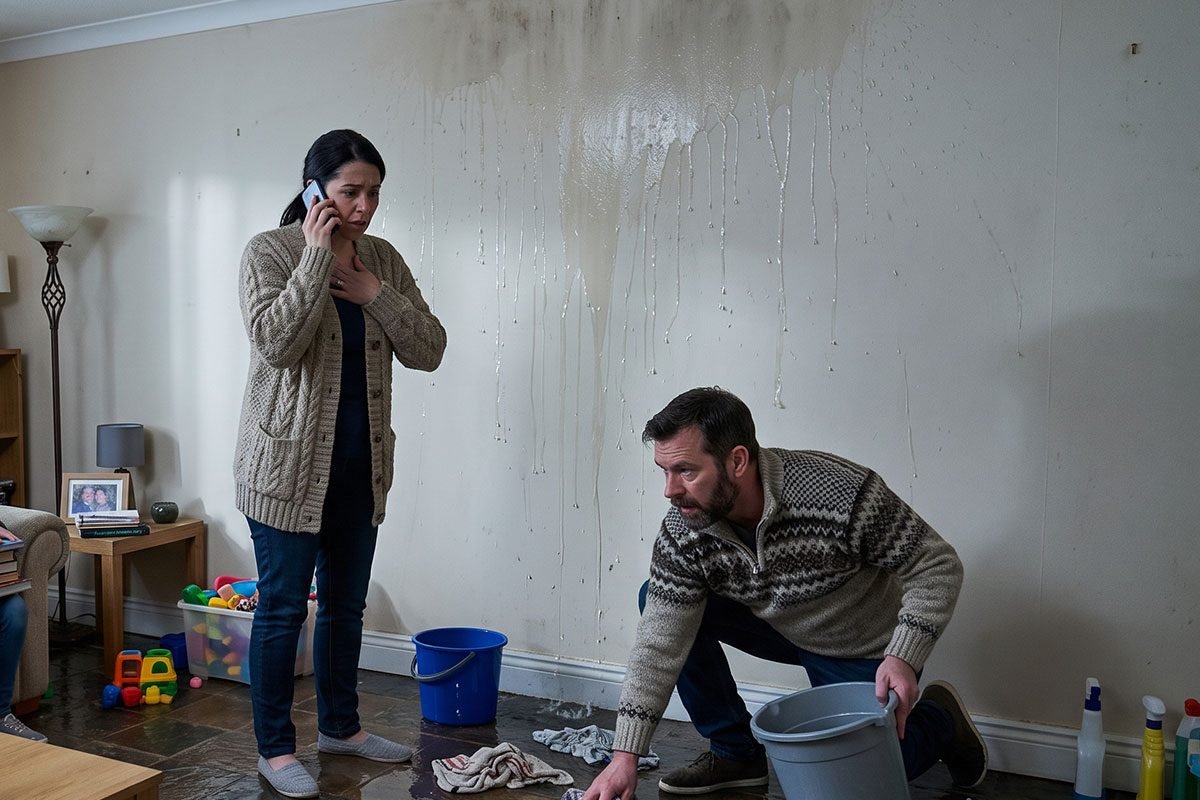 Filtración de agua en el muro de una vivienda con humedad y goteo
